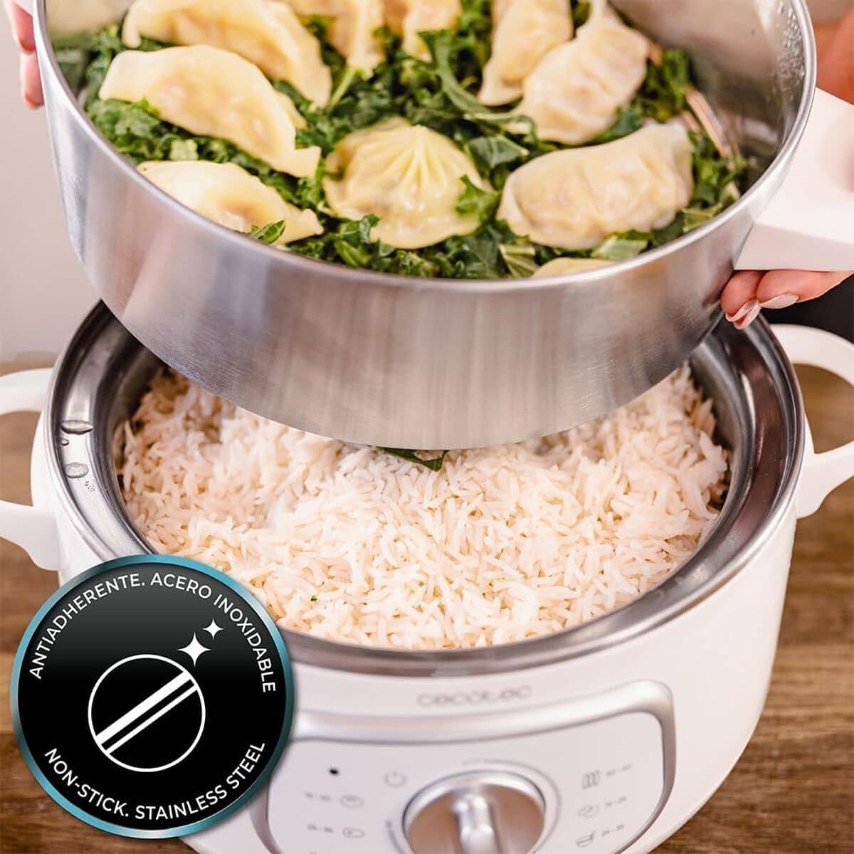 Cecotec Vaporera eléctrica SteelPot 1300W, 3 recipientes inox, apagado automático, blanca