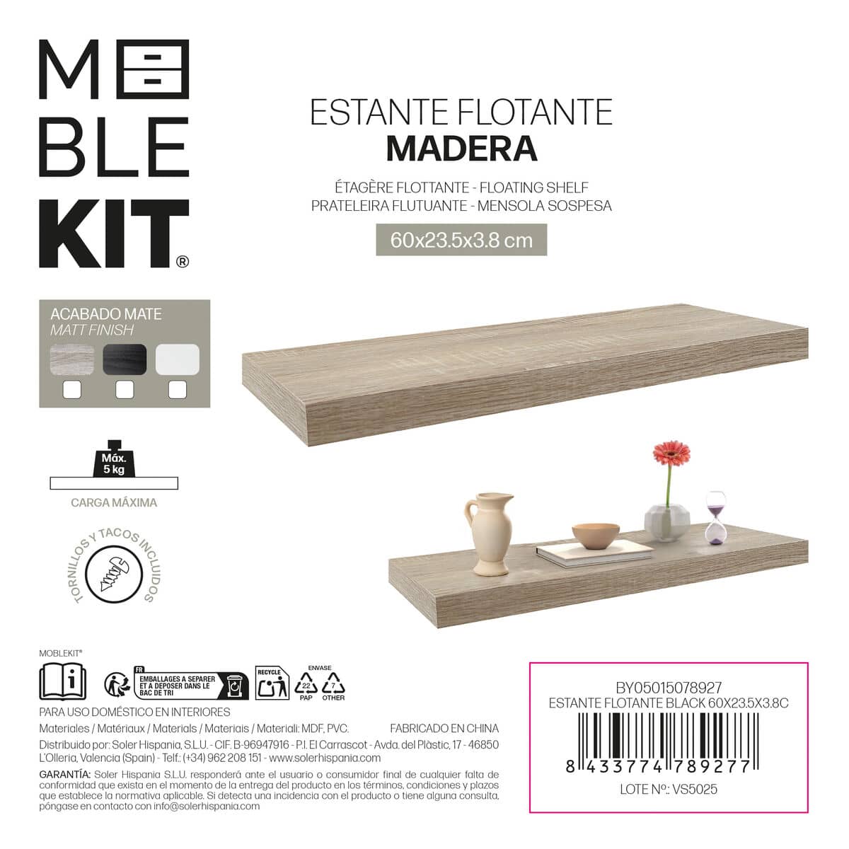 Estante MobleKit Negro Madera 60 x 23,5 x 3,8 cm (6 Unidades)