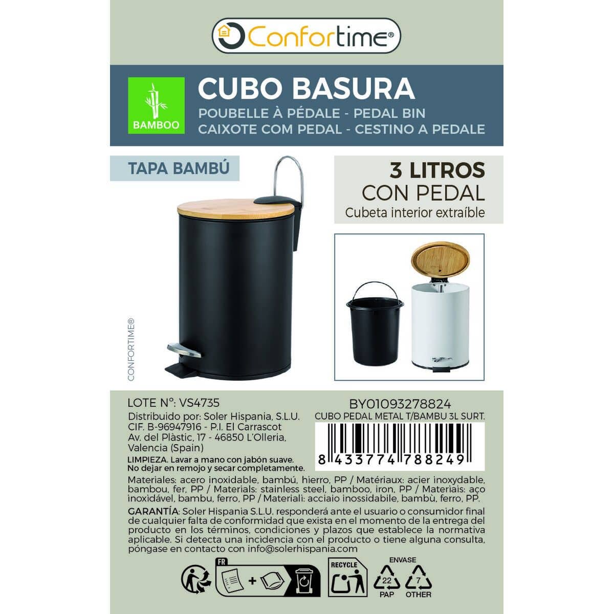 Papelera con Pedal Confortime 3 L (6 Unidades)