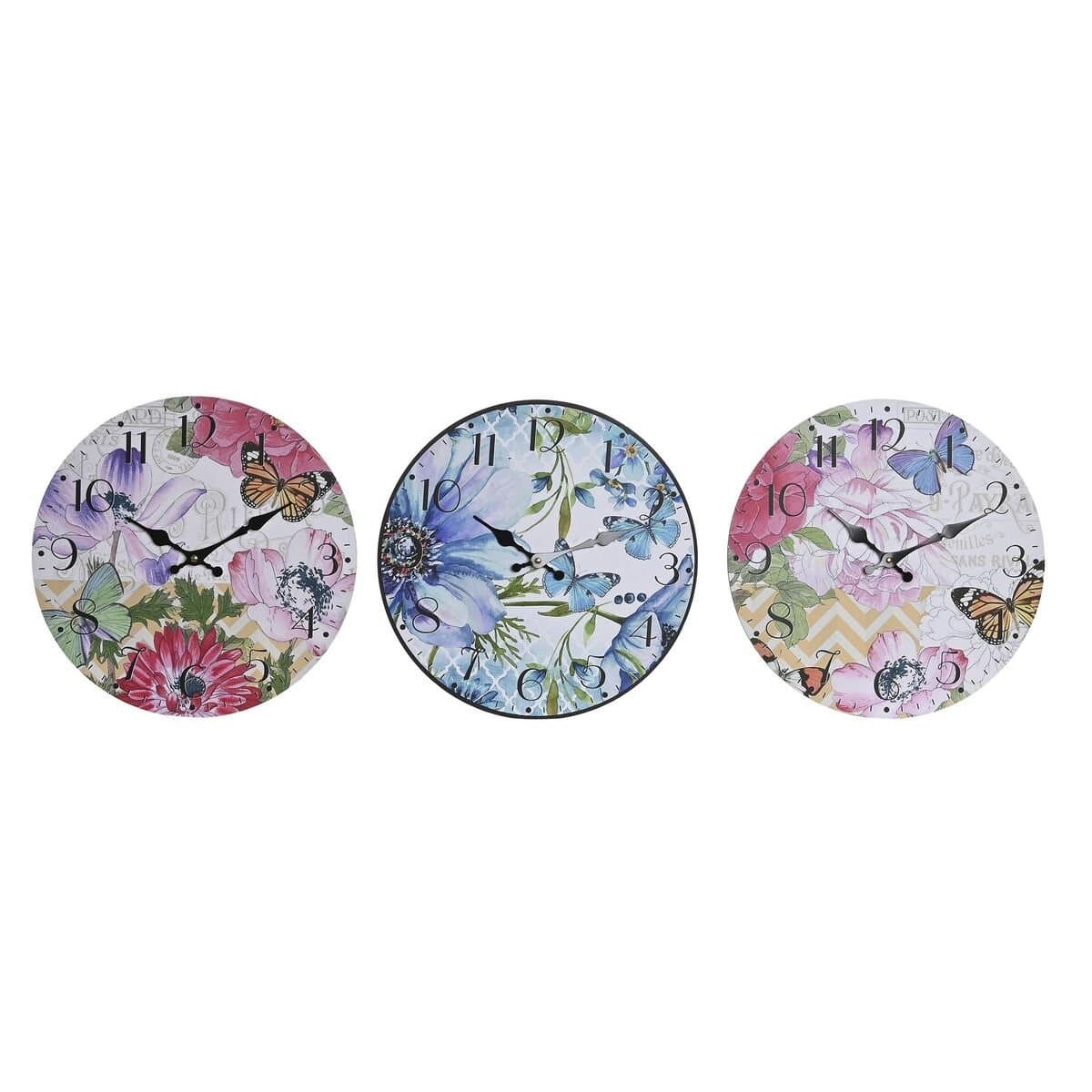 Reloj de Pared DKD Home Decor Multicolor Flores Madera MDF (34 x 4 x 34 cm) (3 Unidades)