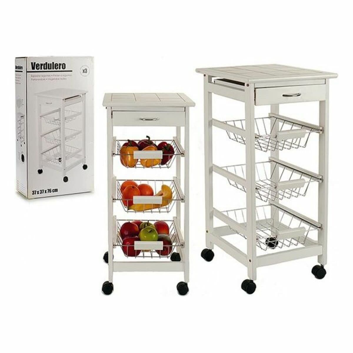 Carrito Verdulero Kinvara Blanco Metal Madera de pino Azulejo 37 x 76 x 37 cm Soporte de 3 pisos