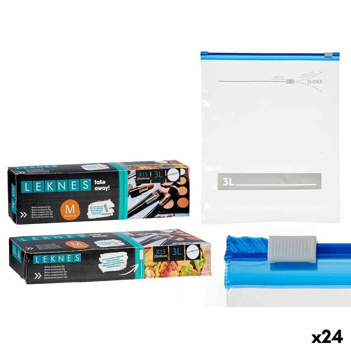 Set de Bolsas Reutilizables Herméticas Leknes Transparente Polietileno 3 L 24,5 x 0,01 x 31,5 cm 28 x 7,5 x 4,5 cm Multiusos Zip