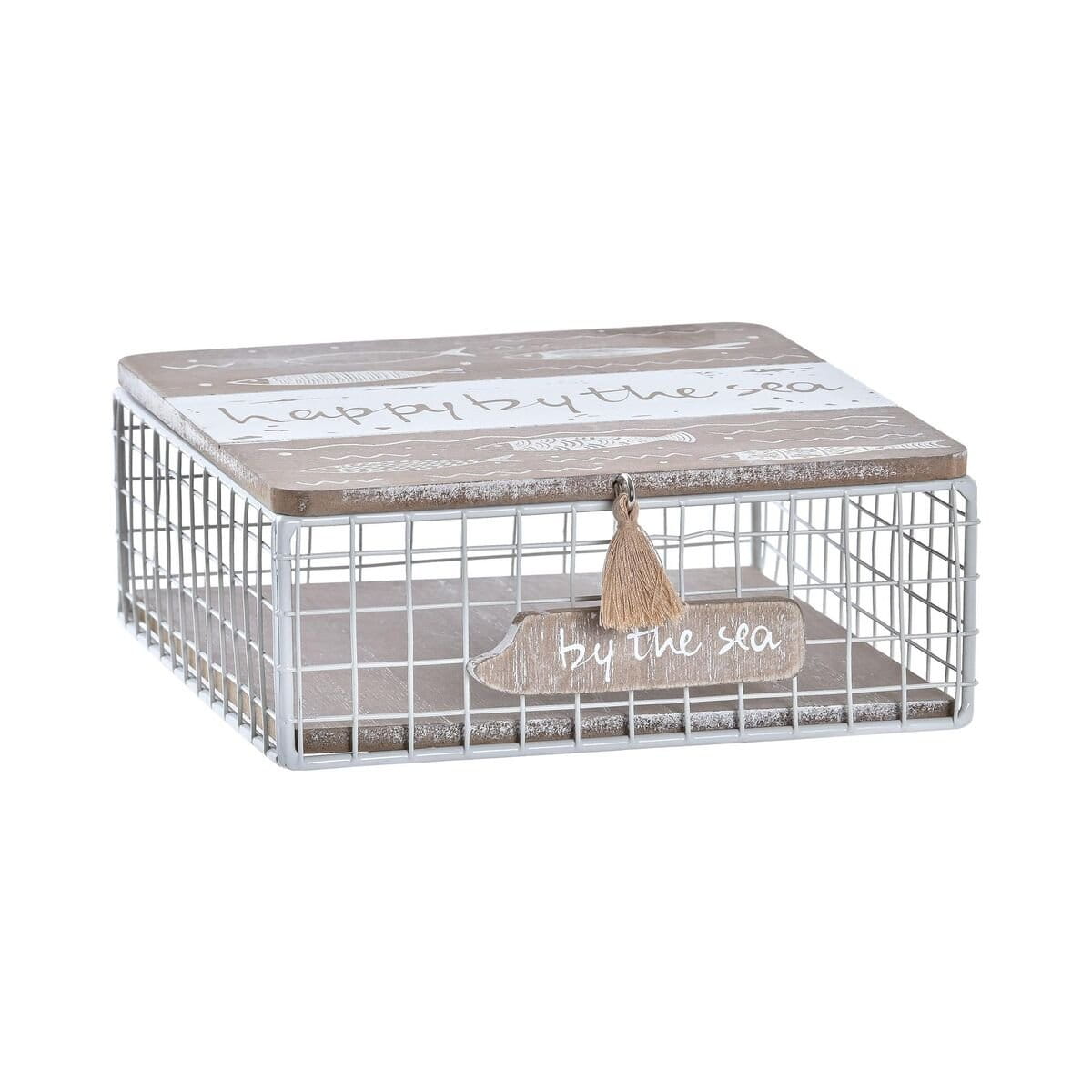 Caja Decorativa DKD Home Decor Blanco Marrón Madera Metal Espirales Mediterráneo