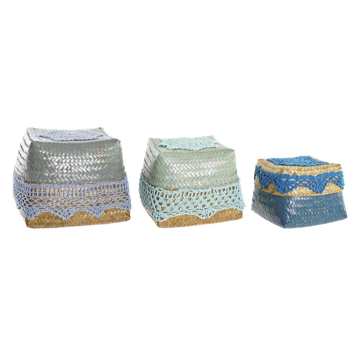 Juego de Cajas Decorativas DKD Home Decor Azul Turquesa Natural Gris claro Bambú Boho