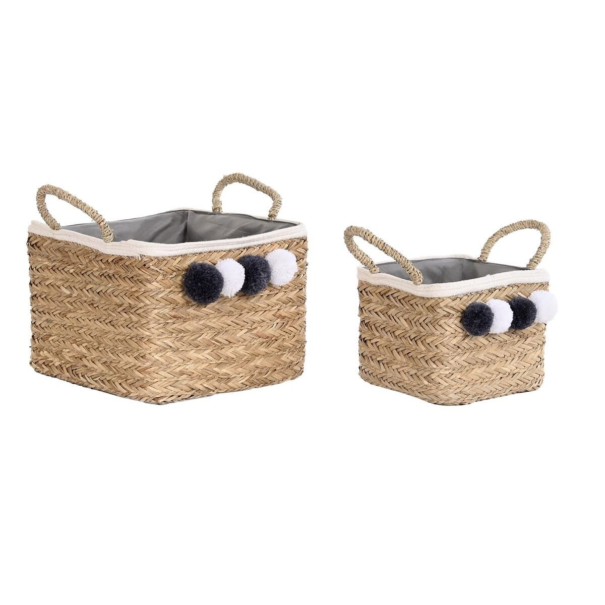 Juego de Cestas DKD Home Decor Fibra natural Pompones 33 x 33 x 25 cm