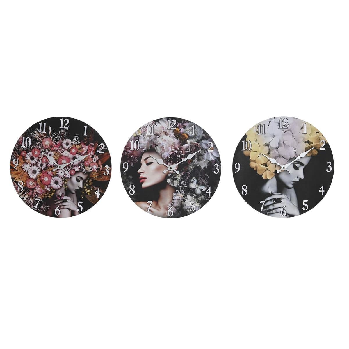 Reloj de Pared DKD Home Decor Negro Multicolor Flores Moderno Madera MDF (34 x 4 x 34 cm) (3 Unidades)